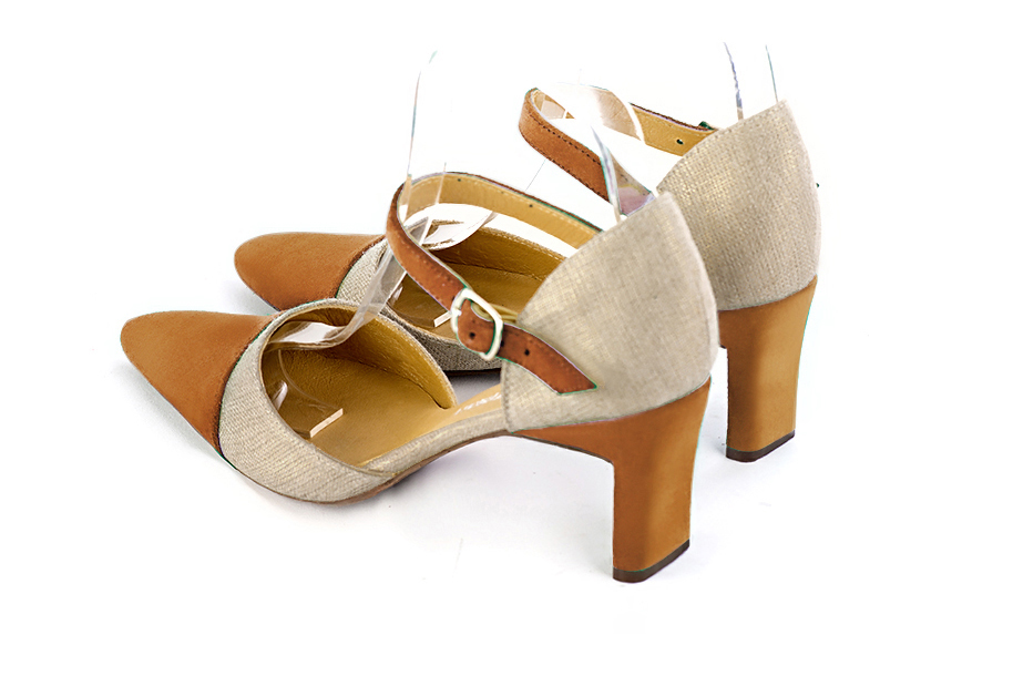 Women's camel beige and gold elegant closed-back heels, with an instep strap. Tapered toe. Medium comma heels - Rear view